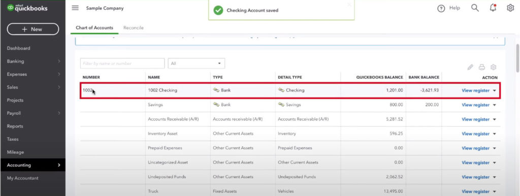 Quickbooks, viewing an account number in the Chart of Accounts