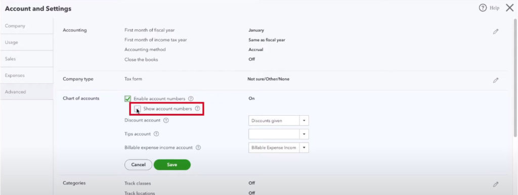 Quickbooks option to show account numbers