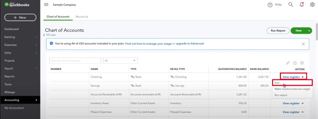 Quickbooks view account register