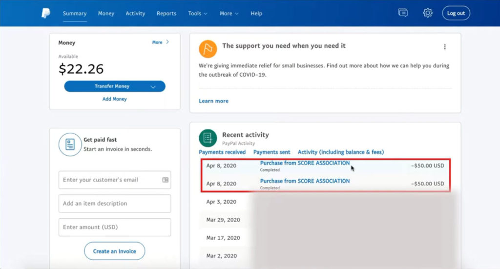 Recent Paypal transactions