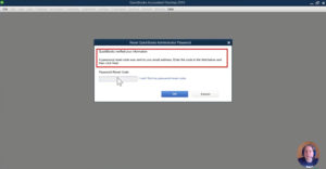 Password reset code message in QuickBooks Desktop.