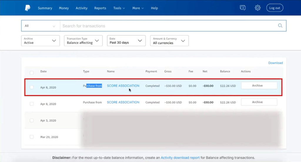 Paypal transaction data