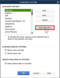 Adding space between icons in the QuickBooks Desktop icon bar with the Add Separator button.