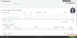 Creating a bank deposit in QuickBooks Online.