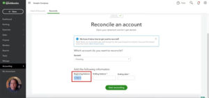 Entering the beginning balance when reconciling a bank account in Quickbooks Online