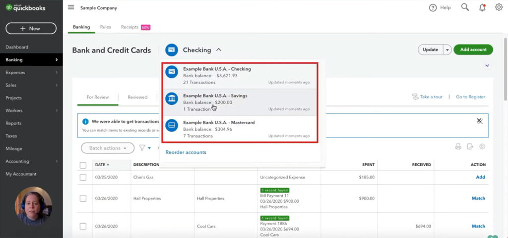 QuickBooks Online banking dropdown menu