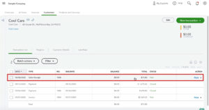 Viewing a Sales Receipt in the list of customer transactions in QuickBooks Online.