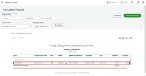 Viewing a Sales Receipt in the Transaction Report in QuickBooks Online.