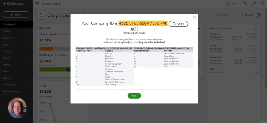 Keyboard Shortcuts popup in QuickBooks Online