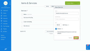 Entering information for a new service in Freshbooks.