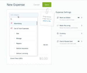 Adding a category to a new expense in Freshbooks.
