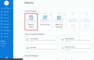 Balance Sheet icon in the Favorite Reports section of the Reports page in FreshBooks.