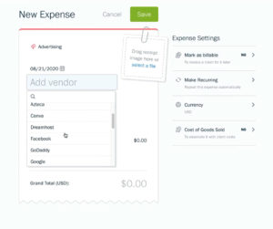 Adding a vendor to a new expense in FreshBooks.