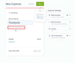 Optional description field when adding a new expense to FreshBooks.