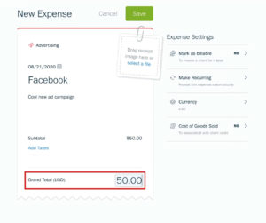 Adding a total to a receipt/expense in FreshBooks.