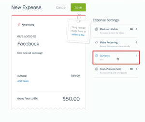 FreshBooks New Expense Settings: - Currency