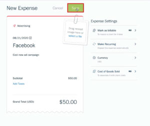 Saving a new expense in Freshbooks