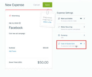 FreshBooks Expense Settings - Cost of Goods Sold