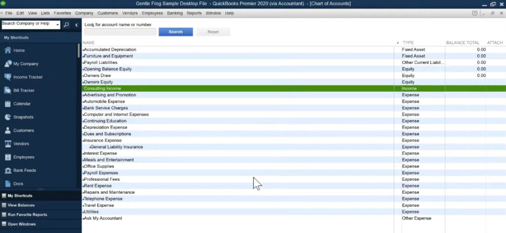 Default Chart of Accounts list in QuickBooks Desktop for a consulting business.