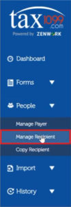 Add recipient in Tax1099 by clicking Manage Recipient in the left-hand menu