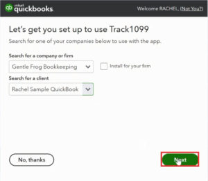 Selecting your QuickBooks file when connecting to Track1099