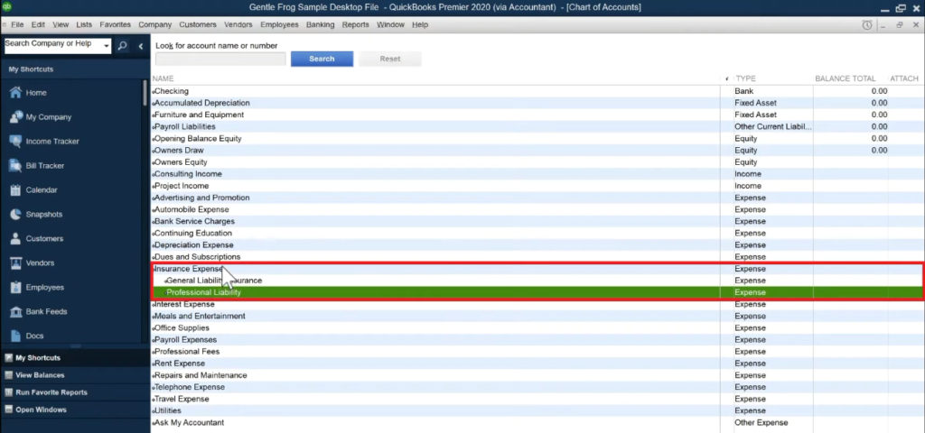 Subaccounts in the Chart of Accounts in QuickBooks Desktop