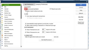 To add account numbers to QuickBooks Desktop check off Use account numbers in the Preferences