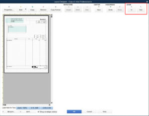 QuickBooks Premier Layout Designer resizing a box and zoom.
