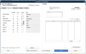 Columns tab in the invoice customization in QuickBooks Premier.