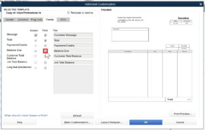 Balance Due in the Footer section of the invoice customization in QuickBooks Premier