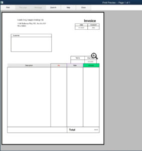 Print preview of an edited invoice template in QuickBooks Premier.
