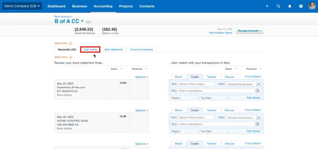Cash Coding tab in Xero