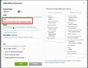 Code error when creating a new account in Xero if you accidently use an existing code number.