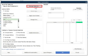 Manage Templates button in QuickBooks Premier template customizer