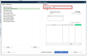 Editing an invoice template name in QuickBooks Premier.