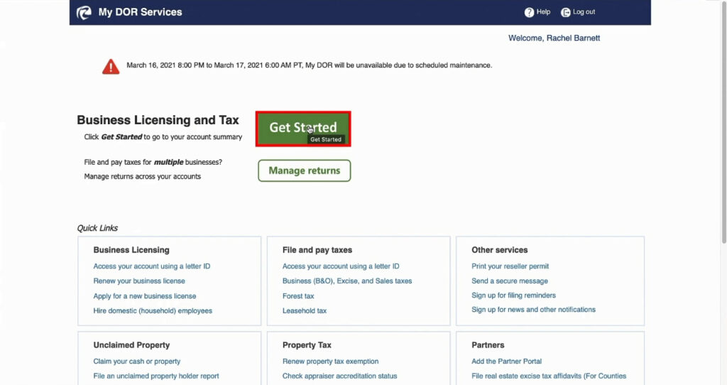 Get Started button in the WA DOR website