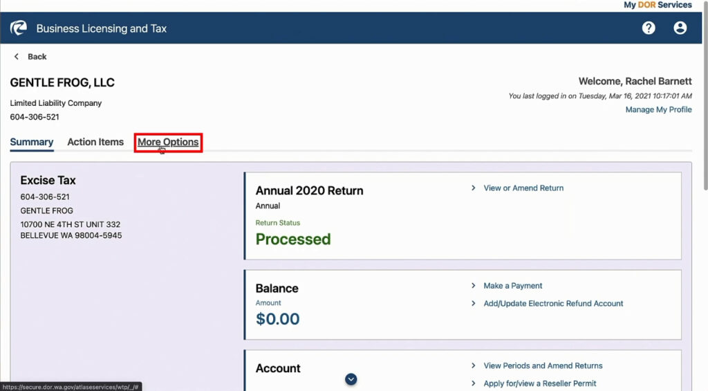 More options tab in the WA state DOR website