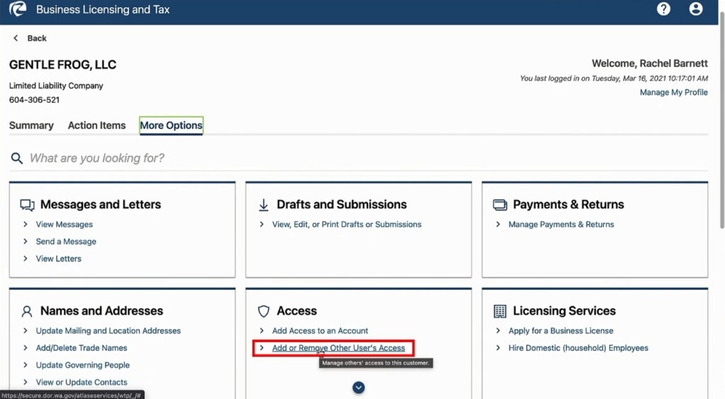 Add or Remove Other User's Access in WA DOR website