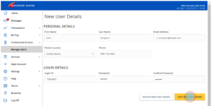 Editing New User Details for Banner Bank