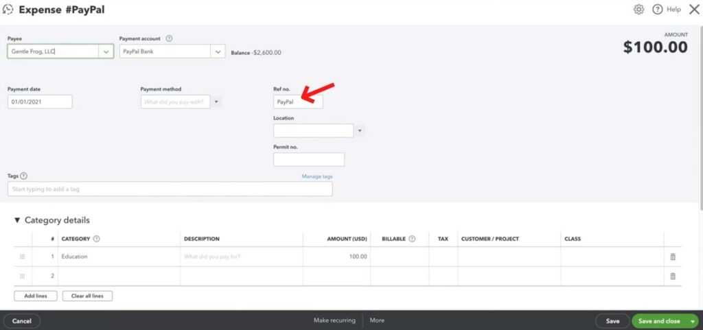 Enter PayPal in the Ref. No. field for any vendor transactions paid using PayPal