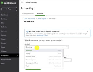 Account drop down menu when reconciling in QuickBooks Online
