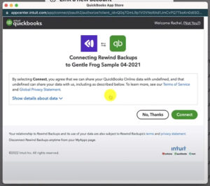 Rewind verifying which QuickBooks account you're connecting