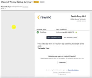 Rewind QuickBooks Online backup software weekly summary email example