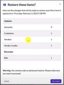 Rewind Advanced Restore Restore these items popup