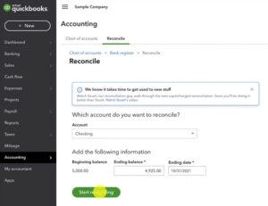 Entering your ending balance and ending date from your bank statement before beginning to reconcile and account in QuickBooks Online