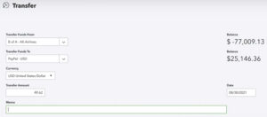 The first step in adding a multi-currency PayPal transaction in QBO, a transfer from the payment method to the PayPal account for that currency