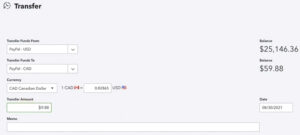 Entering a Transfer in QBO to show a USD PayPal transaction converting to CAD