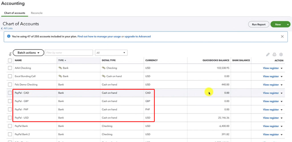 Multi-currency PayPal accounts in QuickBooks Online Chart of Accounts