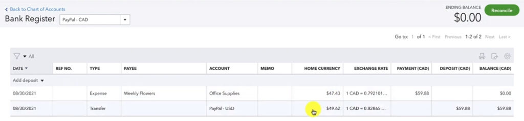 PayPal CAD bank register in QuickBooks Online