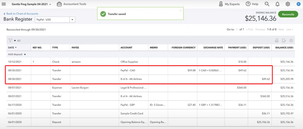 PayPal - USD bank register